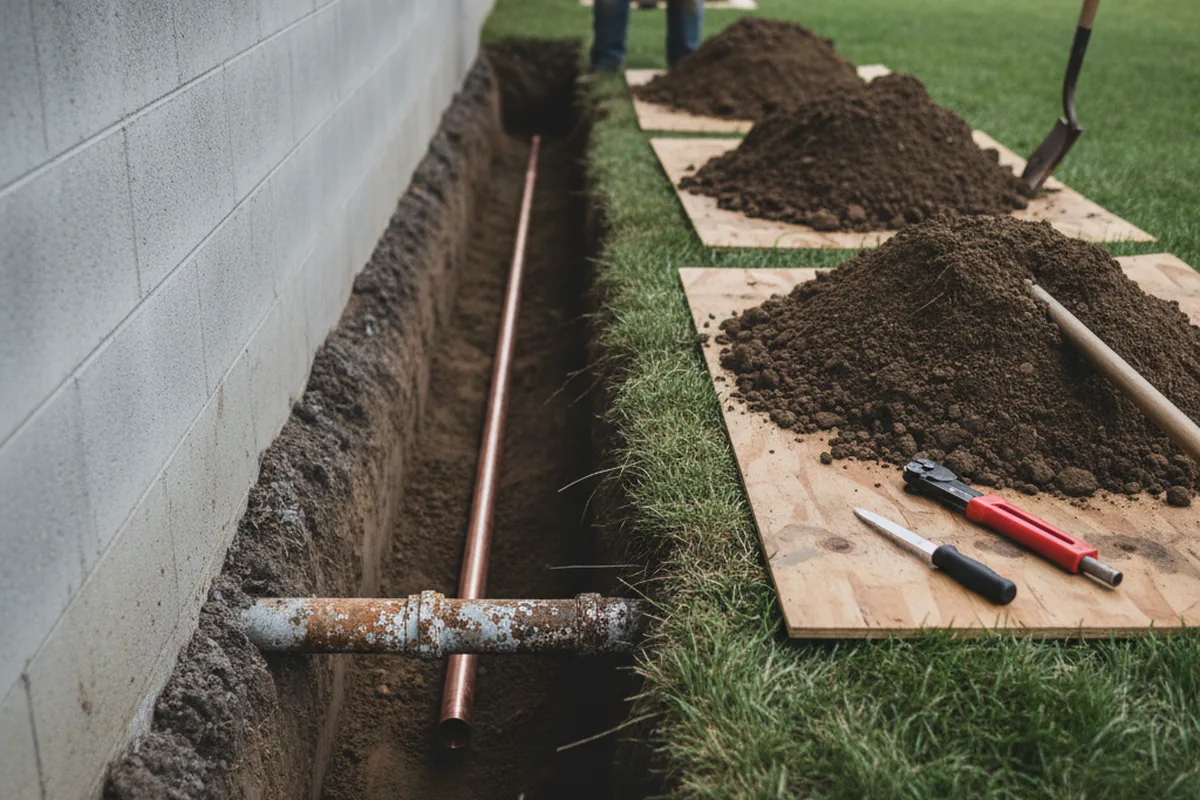 Excavated water line trench during Water Heater Repair in North Zulch